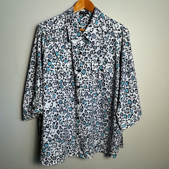 Notations Women's Multicolor Leopard Print 1/2 Sleeve Button Up Satin Blouse 2X - Picture 1 of 13